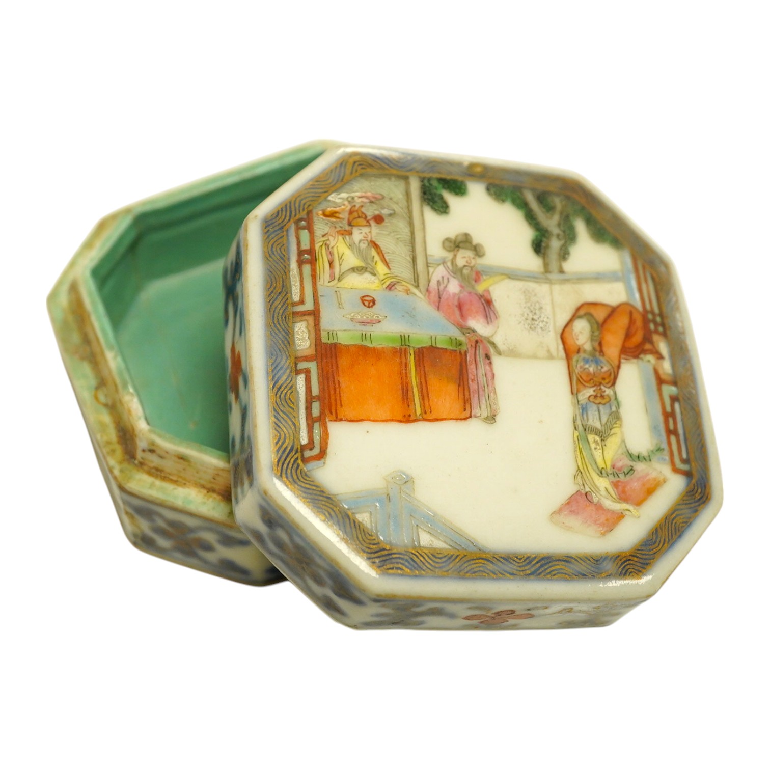 A Chinese famille rose seal paste box and cover, Jiaqing four character seal mark and of the period (1796-1820), 6cm wide. Condition - section of base broken and re-glued